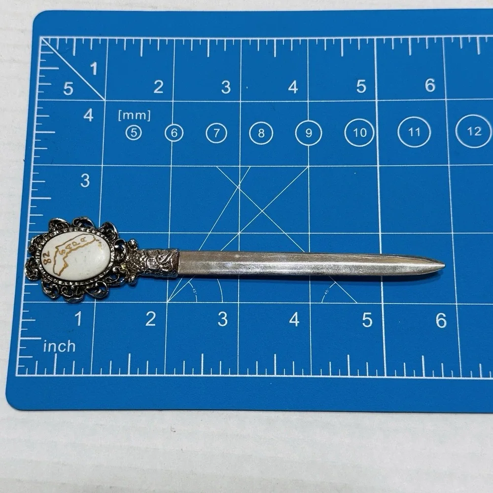 Vtg Florida Map Sapa 82 Souvenir Letter Opener Ornate Metal White Insert